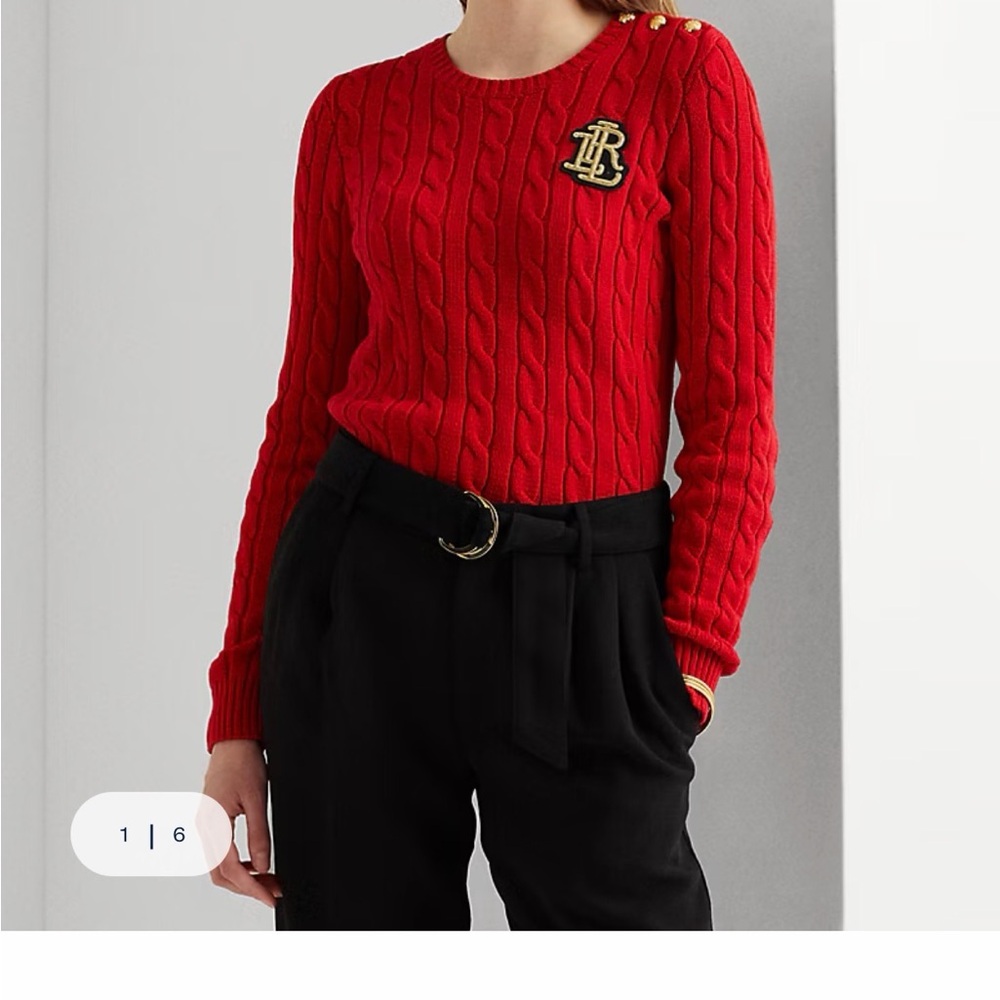 NWT Ralph Lauren Red Cable Knit Sweater with Gold Accents